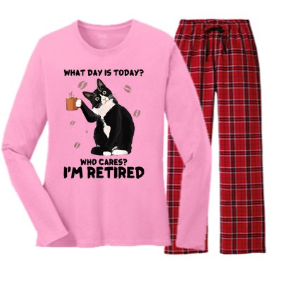 What Day Is Today Who Cares I'm Retired Cat Coffee Lovers Women's Long Sleeve Flannel Pajama Set 