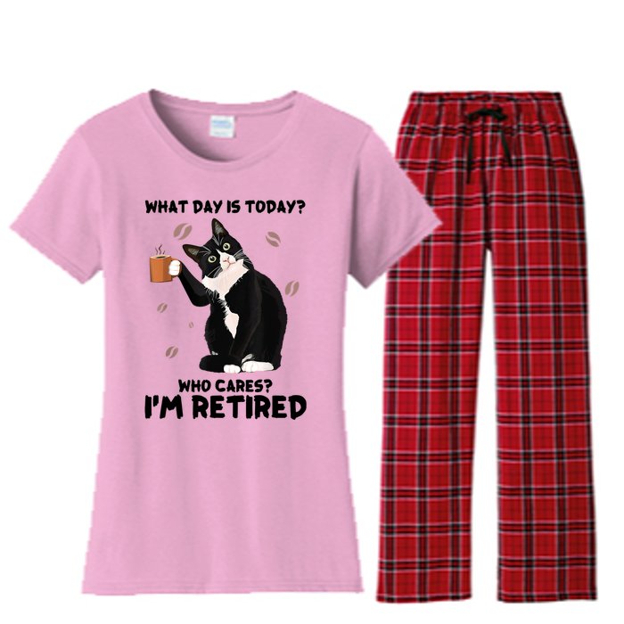 What Day Is Today Who Cares I'm Retired Cat Coffee Lovers Women's Flannel Pajama Set