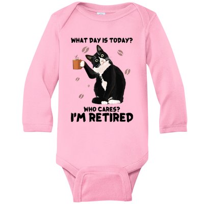 What Day Is Today Who Cares I'm Retired Cat Coffee Lovers Baby Long Sleeve Bodysuit