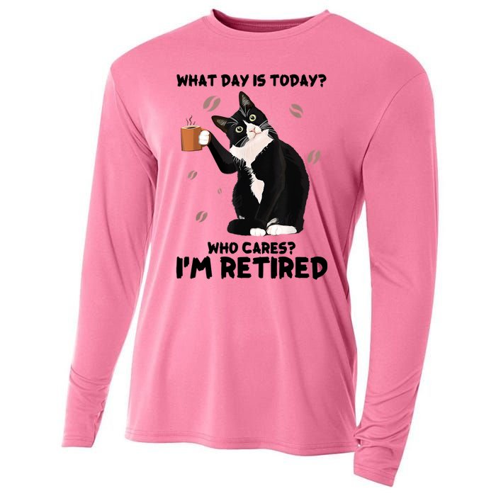 What Day Is Today Who Cares I'm Retired Cat Coffee Lovers Cooling Performance Long Sleeve Crew