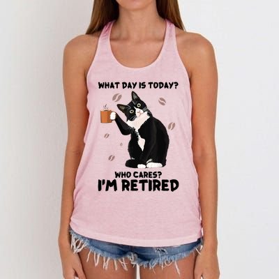 What Day Is Today Who Cares I'm Retired Cat Coffee Lovers Women's Knotted Racerback Tank