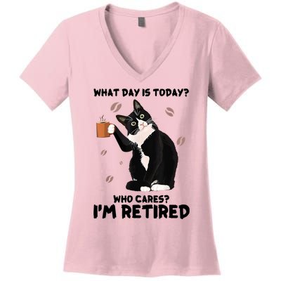 What Day Is Today Who Cares I'm Retired Cat Coffee Lovers Women's V-Neck T-Shirt