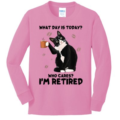 What Day Is Today Who Cares I'm Retired Cat Coffee Lovers Kids Long Sleeve Shirt