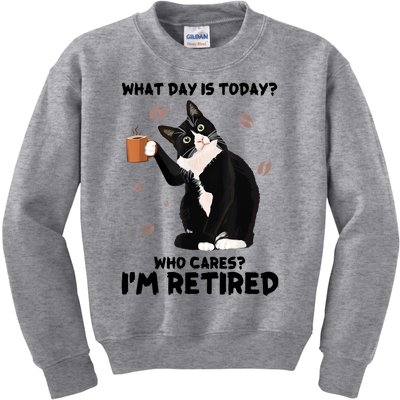 What Day Is Today Who Cares I'm Retired Cat Coffee Lovers Kids Sweatshirt