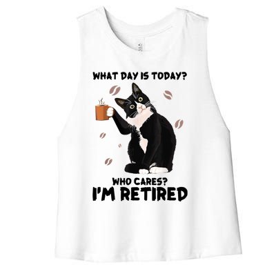 What Day Is Today Who Cares I'm Retired Cat Coffee Lovers Women's Racerback Cropped Tank