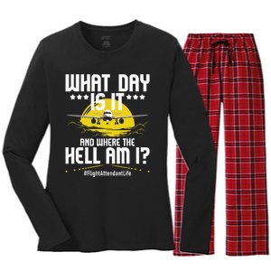 What Day Is It Flight Attendant Life Stewardess Airplane Women's Long Sleeve Flannel Pajama Set 