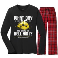 What Day Is It Flight Attendant Life Stewardess Airplane Women's Long Sleeve Flannel Pajama Set 