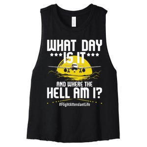 What Day Is It Flight Attendant Life Stewardess Airplane Women's Racerback Cropped Tank