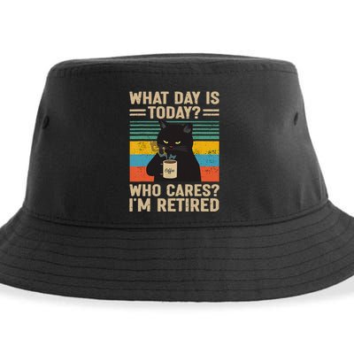 What Day Is Today Who Cares Im Retired Cat And Coffee Sustainable Bucket Hat
