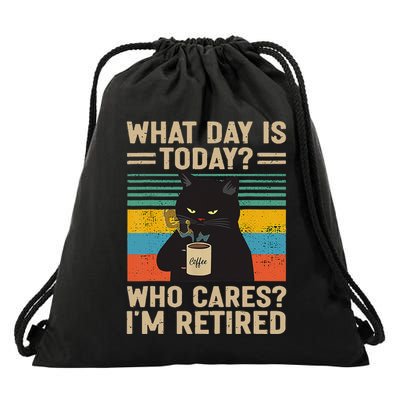 What Day Is Today Who Cares Im Retired Cat And Coffee Drawstring Bag
