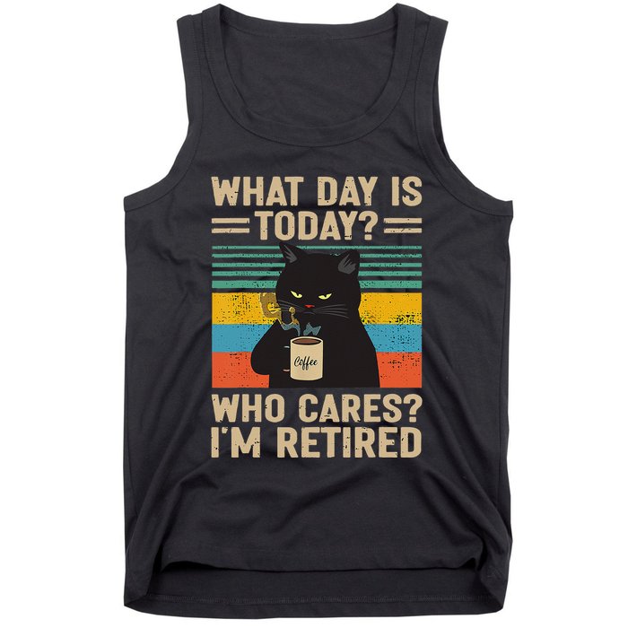 What Day Is Today Who Cares Im Retired Cat And Coffee Tank Top