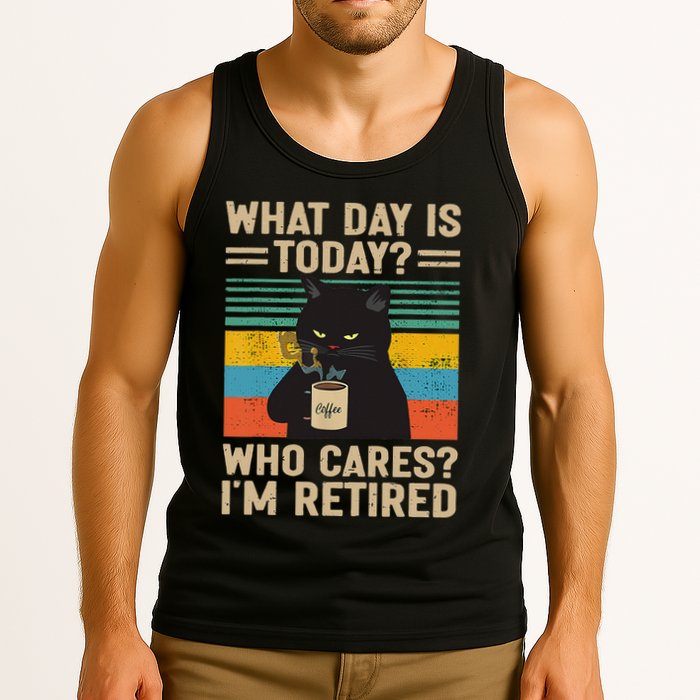 What Day Is Today Who Cares Im Retired Cat And Coffee Tank Top