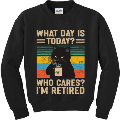 What Day Is Today Who Cares Im Retired Cat And Coffee Kids Sweatshirt