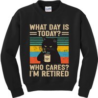 What Day Is Today Who Cares Im Retired Cat And Coffee Kids Sweatshirt