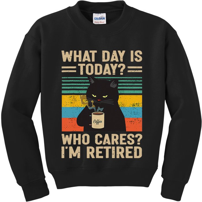 What Day Is Today Who Cares Im Retired Cat And Coffee Kids Sweatshirt