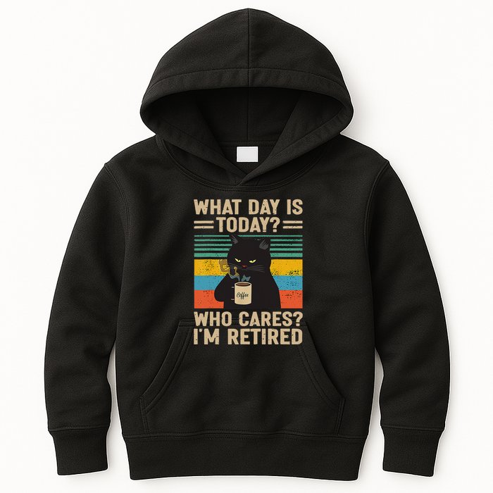What Day Is Today Who Cares Im Retired Cat And Coffee Kids Hoodie