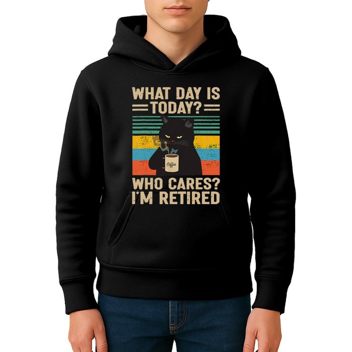 What Day Is Today Who Cares Im Retired Cat And Coffee Kids Hoodie