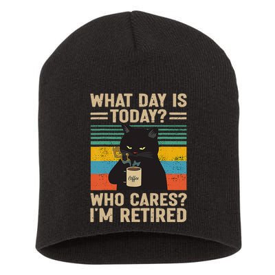 What Day Is Today Who Cares Im Retired Cat And Coffee Short Acrylic Beanie
