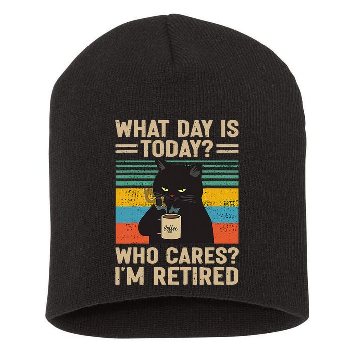 What Day Is Today Who Cares Im Retired Cat And Coffee Short Acrylic Beanie