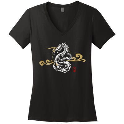 White Dragon Japanese Culture Good Luck Design Women's V-Neck T-Shirt