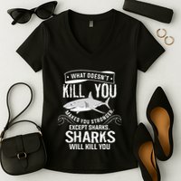 What Doesnt Kill You Makes You Stronger Except Sharks Women's V-Neck T-Shirt