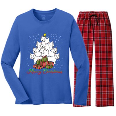 Westie Dog Lover Matching Santa Westie Christmas Tree Meaningful Gift Women's Long Sleeve Flannel Pajama Set 