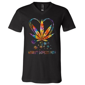 World's Dopest Mom Weed Leaf 420 Funny Mother's Day V-Neck T-Shirt