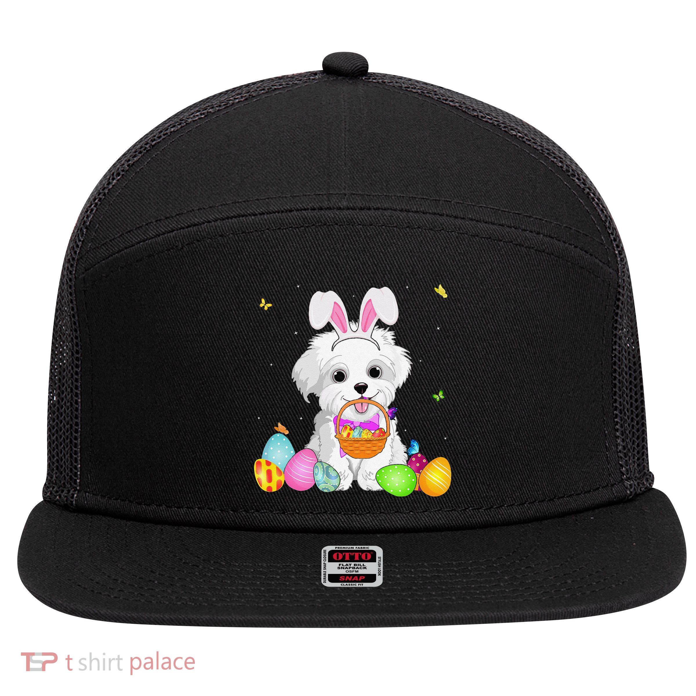 Womens Dog Mom Gift Cute Bunny Maltese Eggs Easter Day 7 Panel Mesh Trucker Snapback Hat