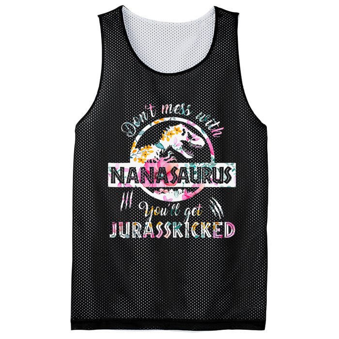 Womens Don't Mess With Nanasaurus You'll Get Jurasskicked Nana Dino Mesh Reversible Basketball Jersey Tank