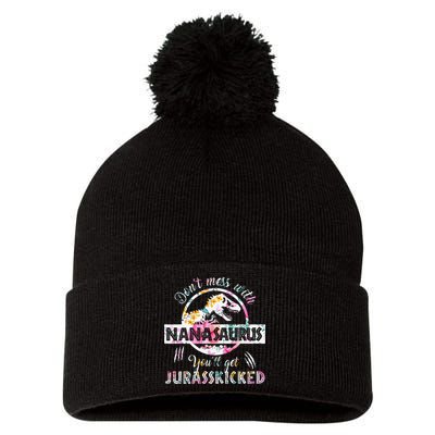 Womens Don't Mess With Nanasaurus You'll Get Jurasskicked Nana Dino Pom Pom 12in Knit Beanie