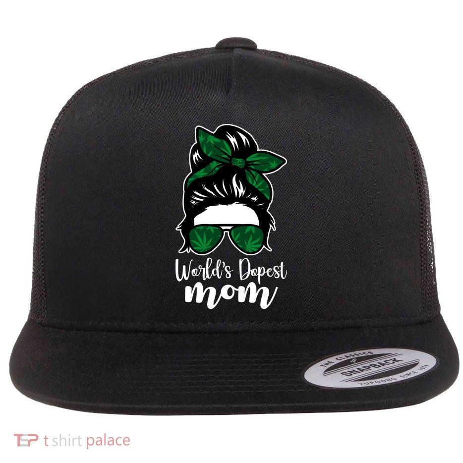 World's Dopest Mom Weed Hair Bun Flat Bill Trucker Hat