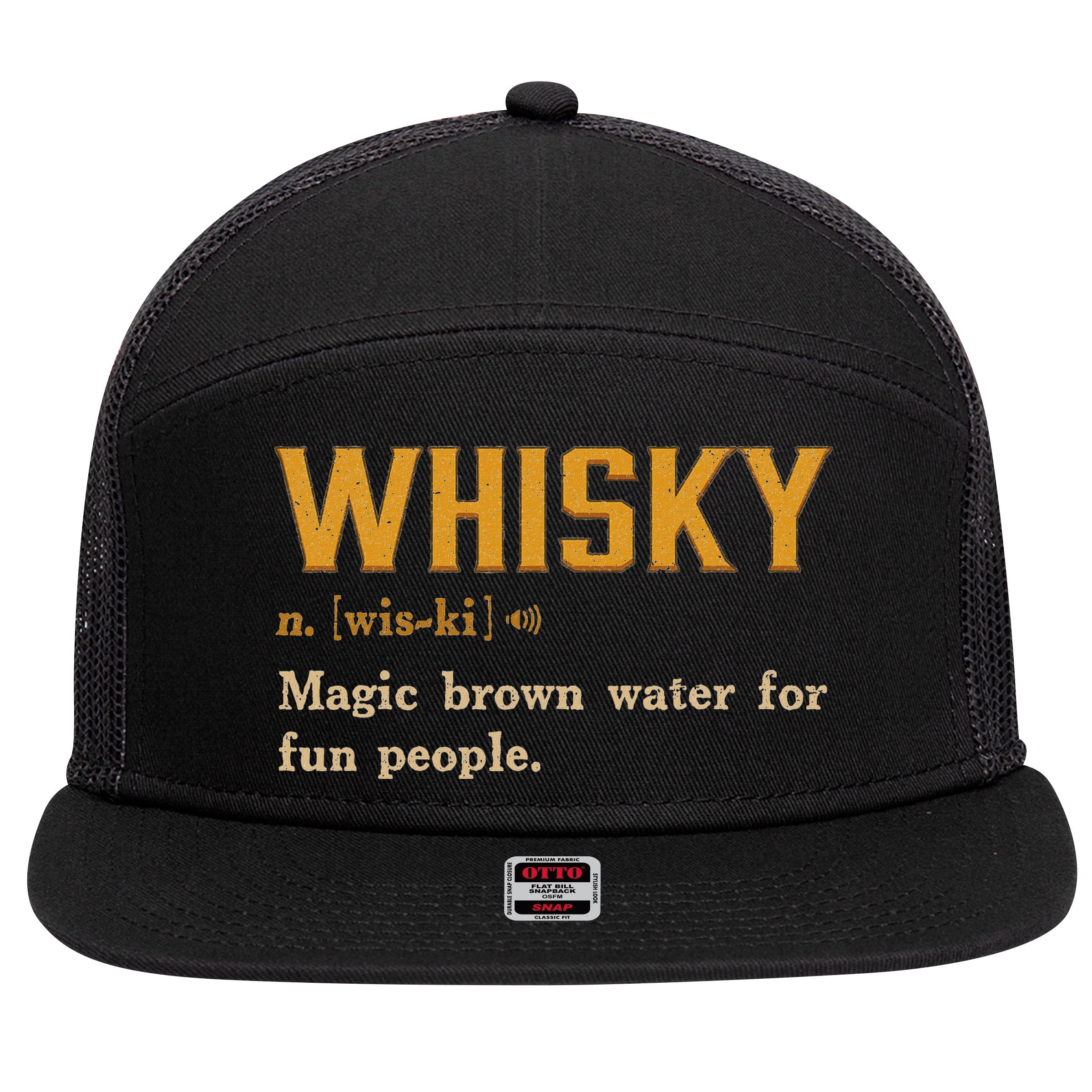 Whiskey Definition Magic Brown Water For Fun People 7 Panel Mesh Trucker Snapback Hat