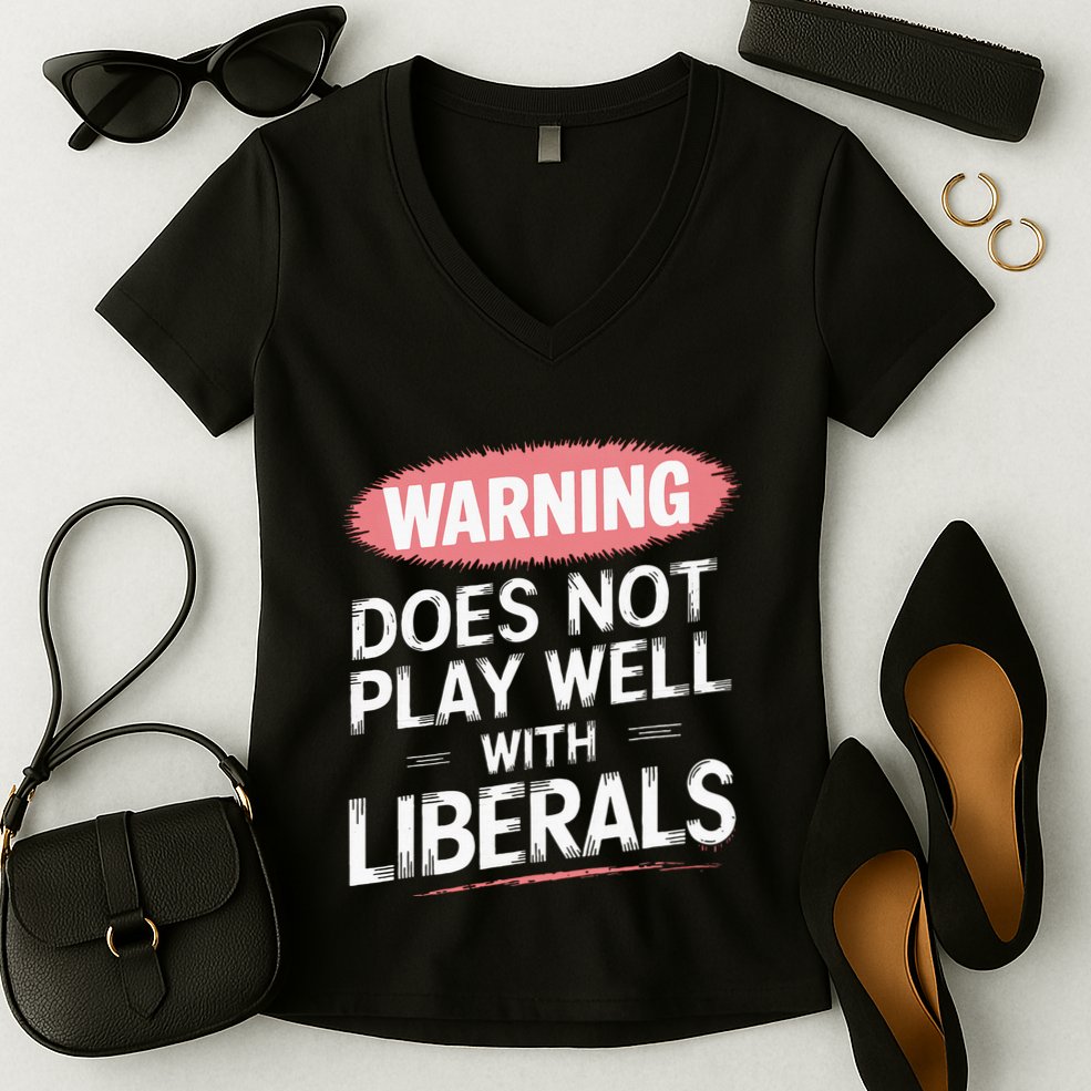 Warning Does Not Play Well With Liberals Women's V-Neck T-Shirt