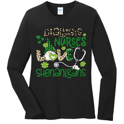 Womens Dialysis Nurses Love Shenanigans Patricks Day Gnome Leopard Ladies Long Sleeve Shirt