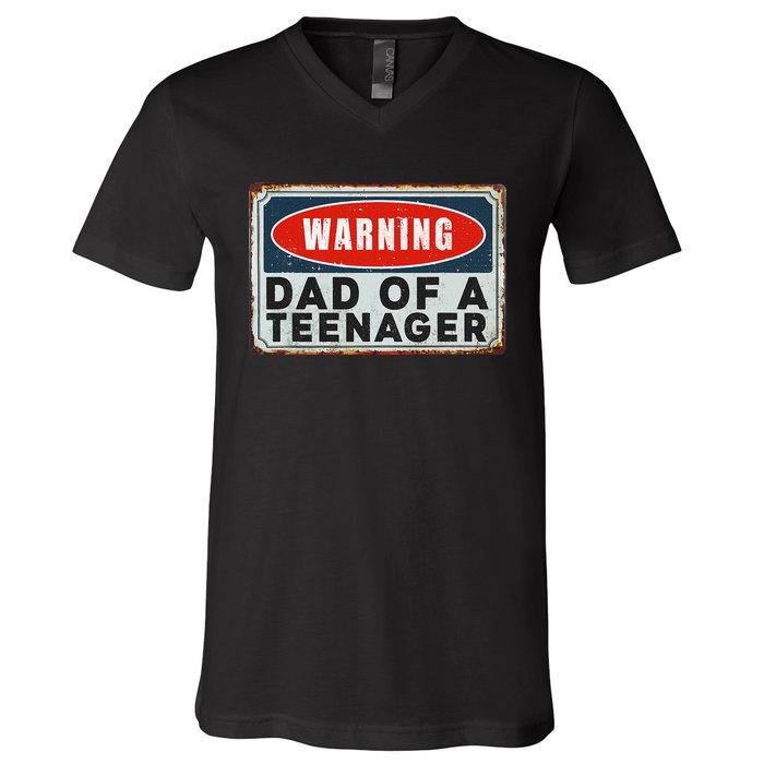 Warning Dad Of A Teenager Funny 13 Years Old Teenage Humor V-Neck T-Shirt