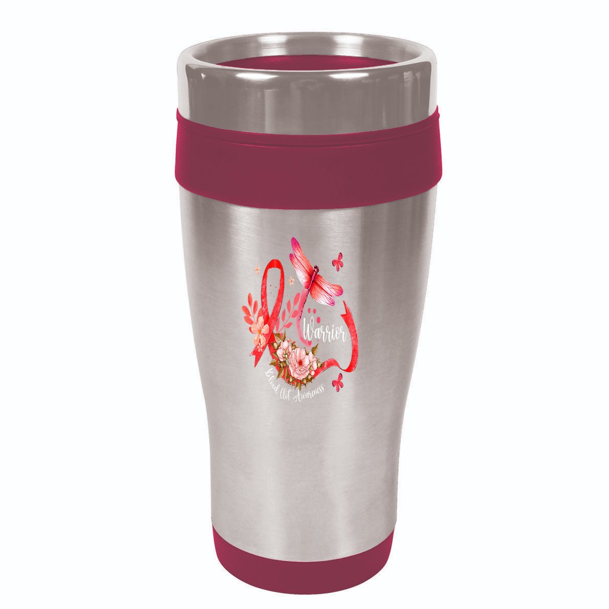 Warrior Dragonfly Red Ribbon Blood Clot Awareness 16oz Travel Tumbler