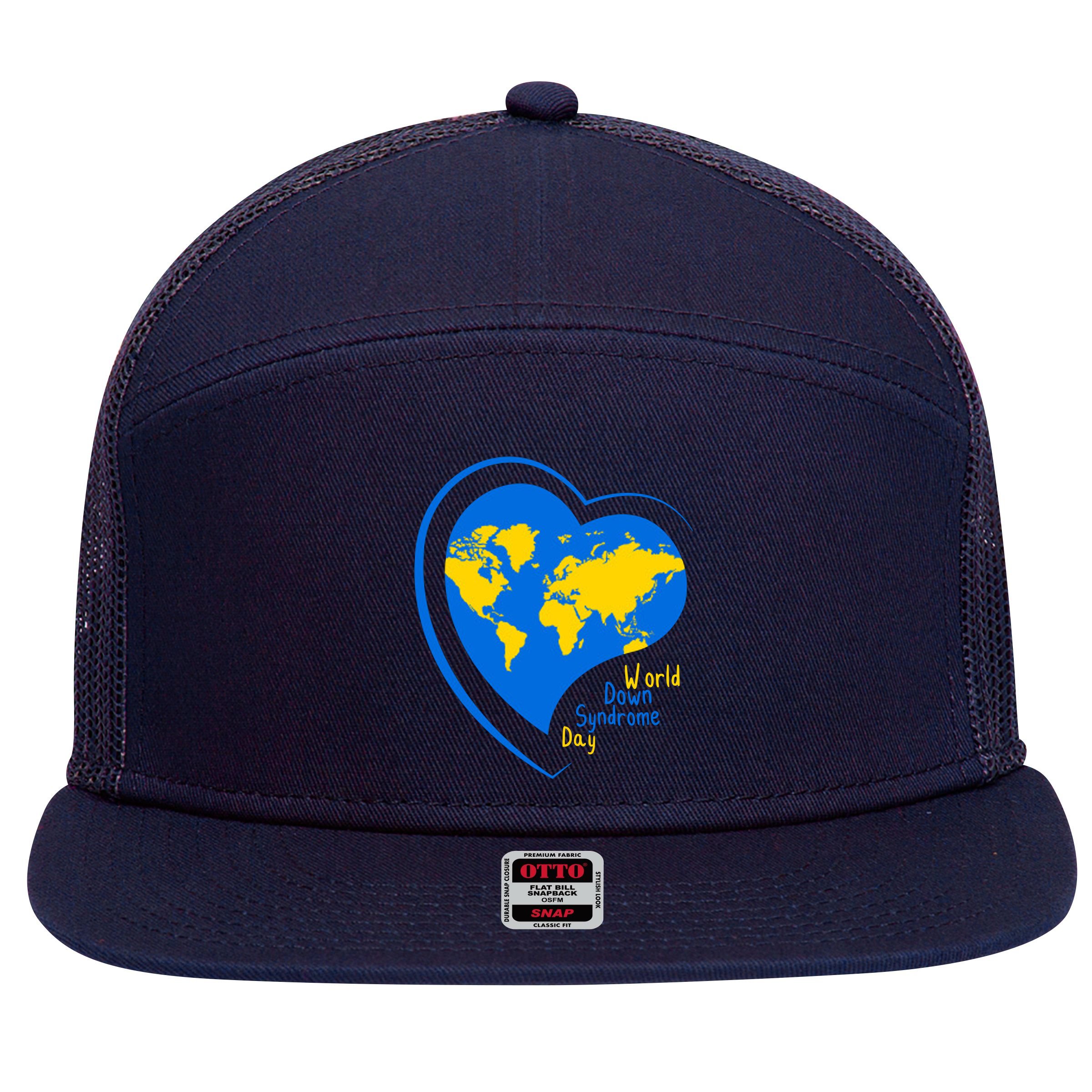 World Down Syndrome Day Heart Earth 7 Panel Mesh Trucker Snapback Hat