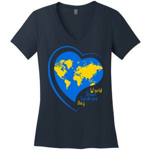 World Down Syndrome Day Heart Earth Women's V-Neck T-Shirt