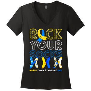 World Down Syndrome Day Rock Your Socks Awareness Copy Women's V-Neck T-Shirt