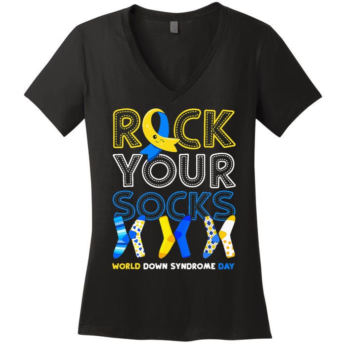 World Down Syndrome Day Rock Your Socks Awareness Copy Women's V-Neck T-Shirt