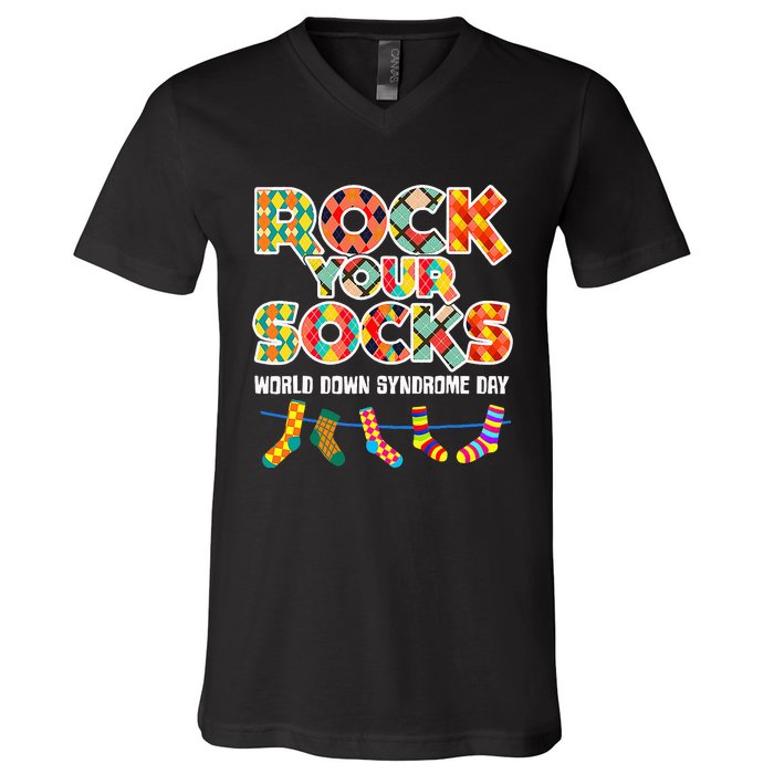 World Down Syndrome Day Rock Your Socks Awareness V-Neck T-Shirt