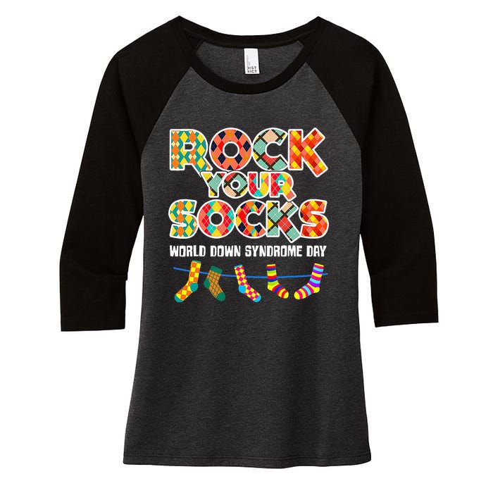 World Down Syndrome Day Rock Your Socks Awareness Women's Tri-Blend 3/4-Sleeve Raglan Shirt