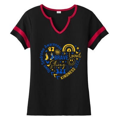 World Down Syndrome Day Awarenes 3.21 Blue And Yellow Heart Ladies Halftime Notch Neck Tee