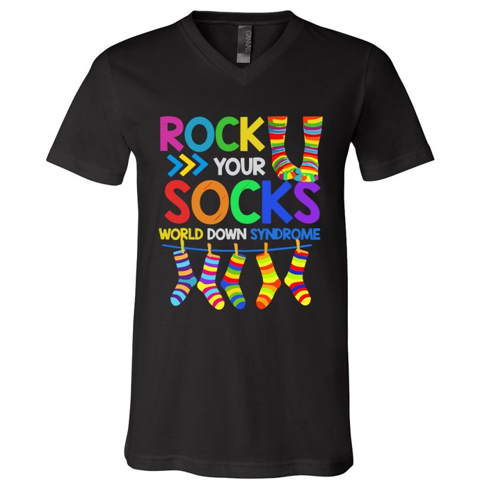 World Down Syndrome Day Rock Your Socks Awareness V-Neck T-Shirt