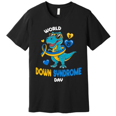 World Down Syndrome Day Trisomy 21 Awareness Dinosaur  Premium T-Shirt