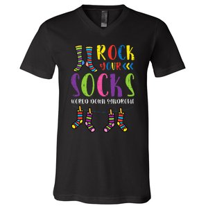 World Down Syndrome Rock Your Socks Awareness V-Neck T-Shirt