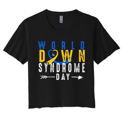 World Down Syndrome Day Ribbon Blue And Yellow Heart Hands Women's Crop Top Tee