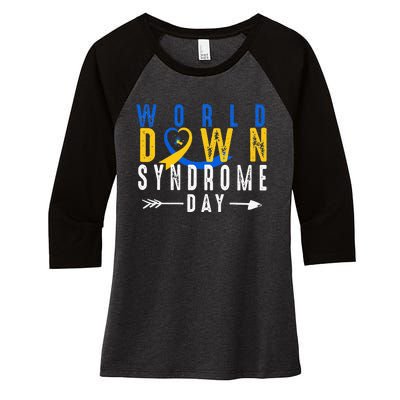 World Down Syndrome Day Ribbon Blue And Yellow Heart Hands Women's Tri-Blend 3/4-Sleeve Raglan Shirt