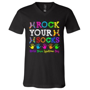 World Down Syndrome Day Rock Your Socks Awareness Support V-Neck T-Shirt