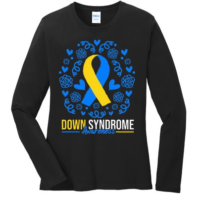 World Down Syndrome Awareness Day Ribbon March 21 Ladies Long Sleeve Shirt